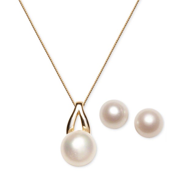 Cultured Freshwater Pearl (9-1/2 & 12-1/2mm) Pendant Necklace & Matching Stud Earrings Set in 18k Gold-Plated