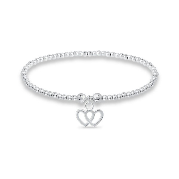 Bead Double Heart Charm Bracelet in Silver Plate