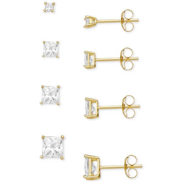 4-Pc. Set Cubic Zirconia Princess Stud Earrings in 18k Gold-Plated