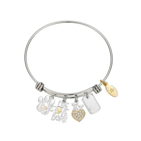 14K Gold Two Tone Flash-Plated Crystal Multi Charm Bangle Bracelet