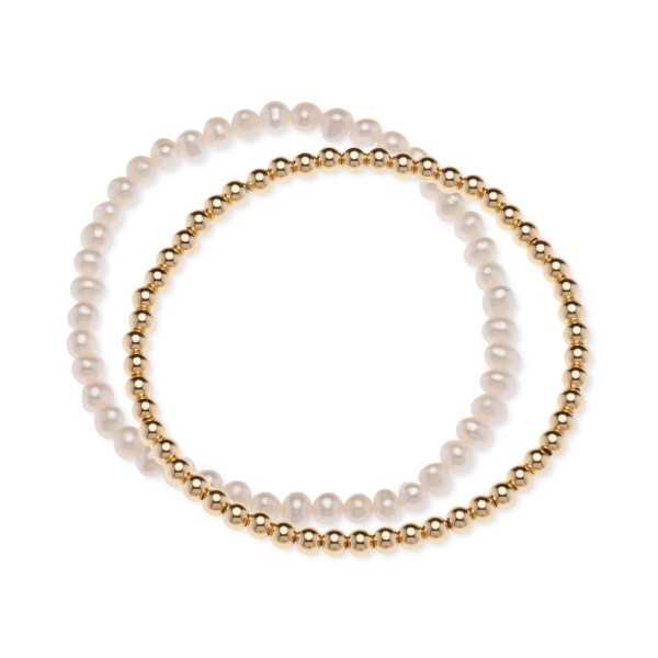 Set Cultured Freshwater Pearl (4-1/2 - 5mm) & Polished Bead Stretch Bracelets in 18k Gold-Plated