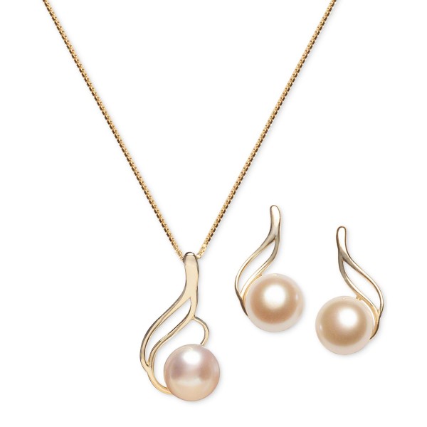 Cultured Freshwater Pearl 7mm) Swirl Pendant Necklace & Matching Stud Earrings Set in 18k Gold-Plated