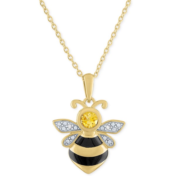 Citrine (1/4 ct. t.w.) & Diamond Accent Bee Enamel Pendant Necklace in 14k Gold-Plated, 16