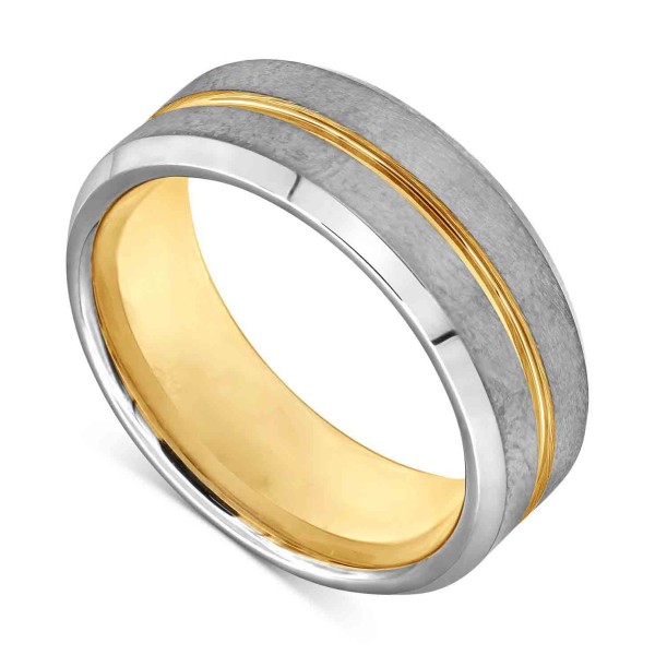 Men's Beveled Etched Stripe Band in Tungsten & Ion-Plating