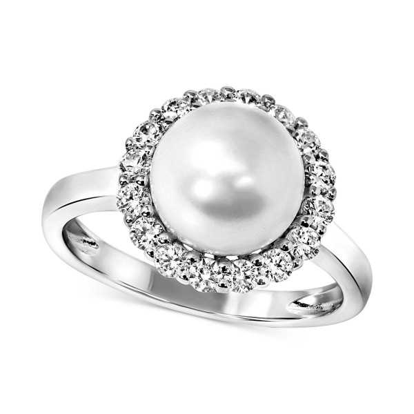 Cultured Freshwater Pearl (8 mm) & Cubic Zirconia Halo Ring