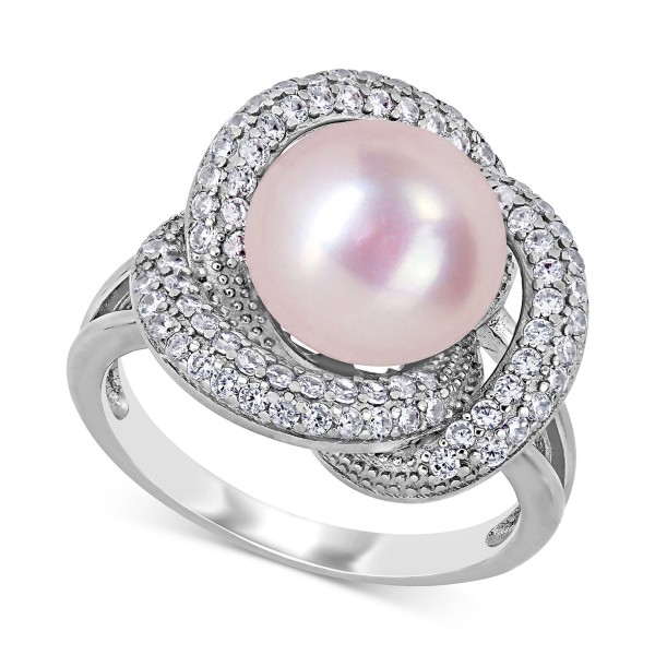 Pink Cultured Freshwater Pearl (10-1/2mm) & Cubic Zirconia Love Knot Statement Ring