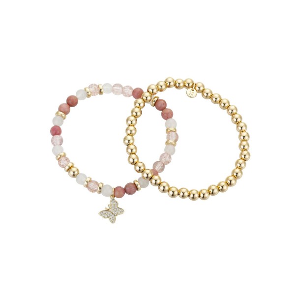 14K Gold Flash-Plated Pink Stone And Gold Bead Butterfly Bracelet Duo