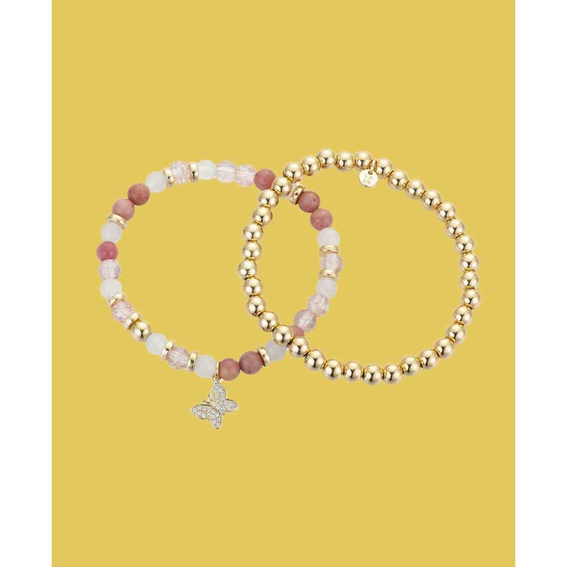 14K Gold Flash Plated Pink Stone And Gold Bead Butterfly Bracelet Duo
