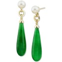 Cultured Freshwater Pearl (7mm) & Jade Briolette Drop Earrings in 14k Gold-Plated Sterling Silver