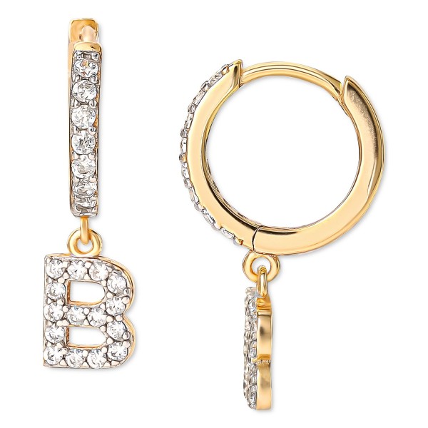 Cubic Zirconia Initial Dangle Hoop Earrings in 18k Gold-Plated Sterling Silver