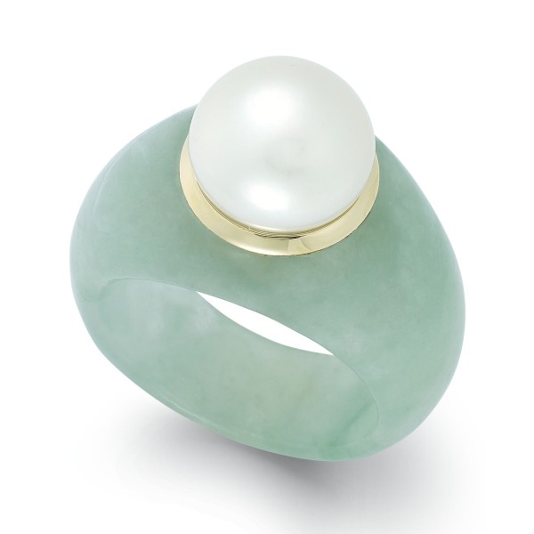 Cultured Freshwater Pearl Jade Ring in 14k Gold (9mm)